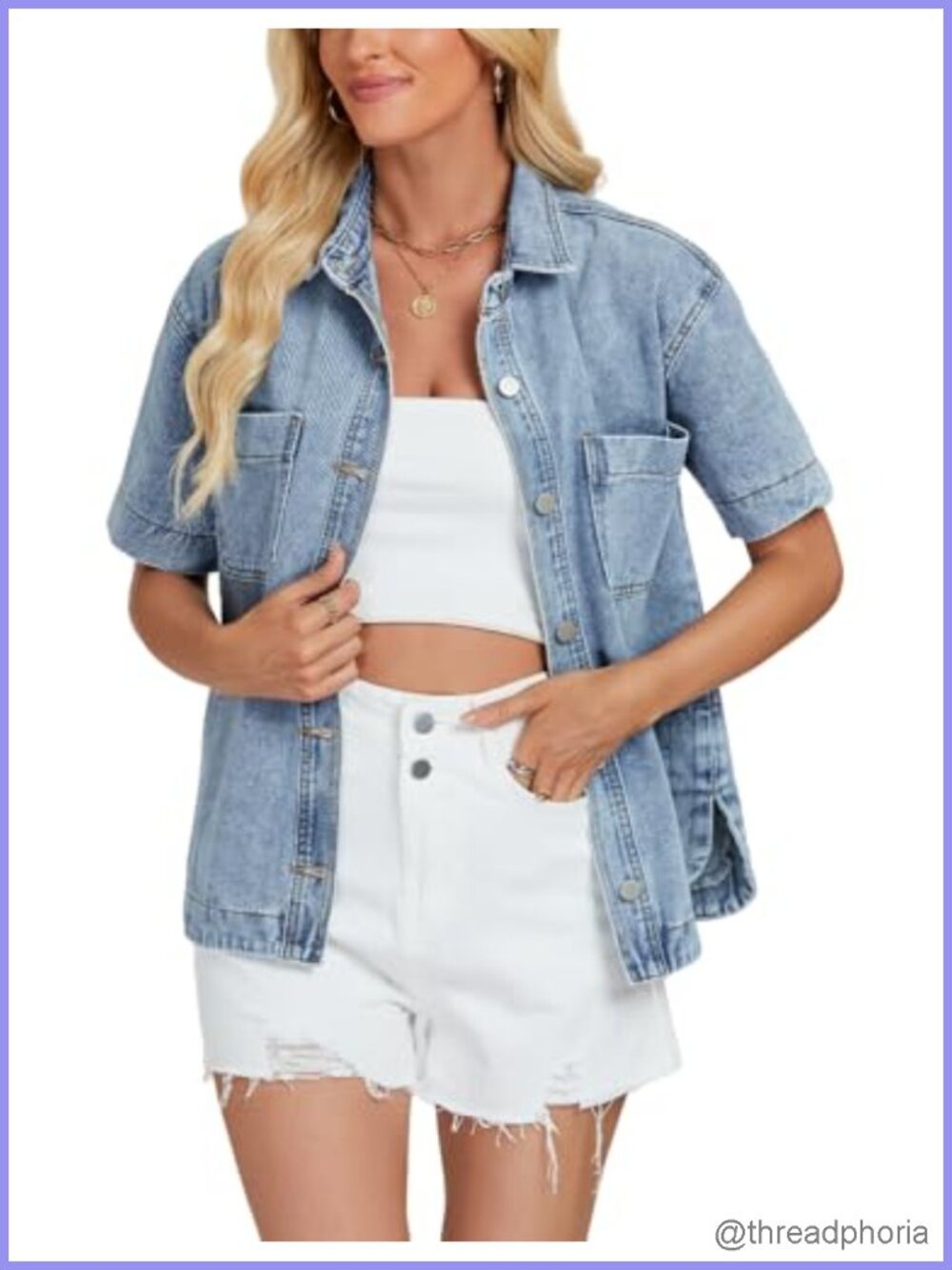 Women Short Sleeve Button Down Denim Shirt Oversized Jean Jacket Shacket